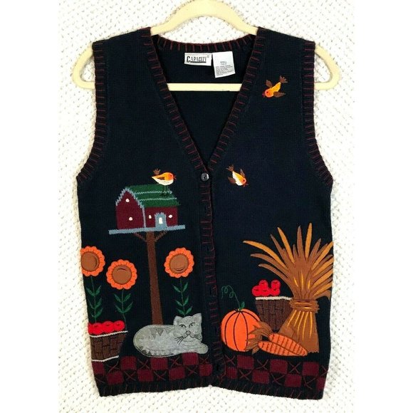 Capacity Sweaters - Capacity Red & Orange Cat & Bird Embroidered Fall Sweater Vest Size Small Ramie